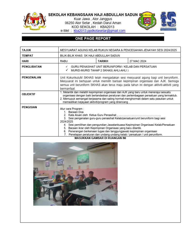 One Page Report Kokurikulum Sekolah