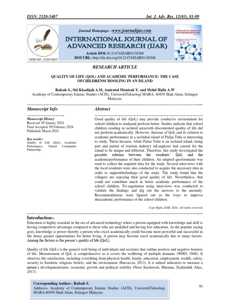 QoL Impact on Academic Performance in Island Schools | PDF | Quality Of ...