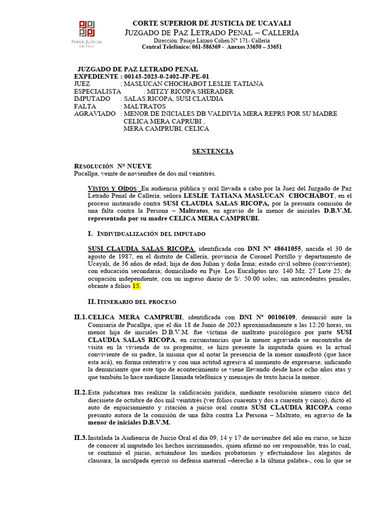 Modelo de sentencia penal por maltratos - Juzgado de Paz Letrado | PDF