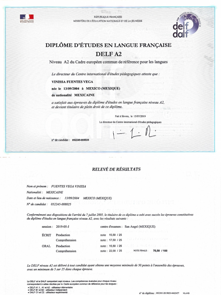 Certificado DELF - A2 | PDF