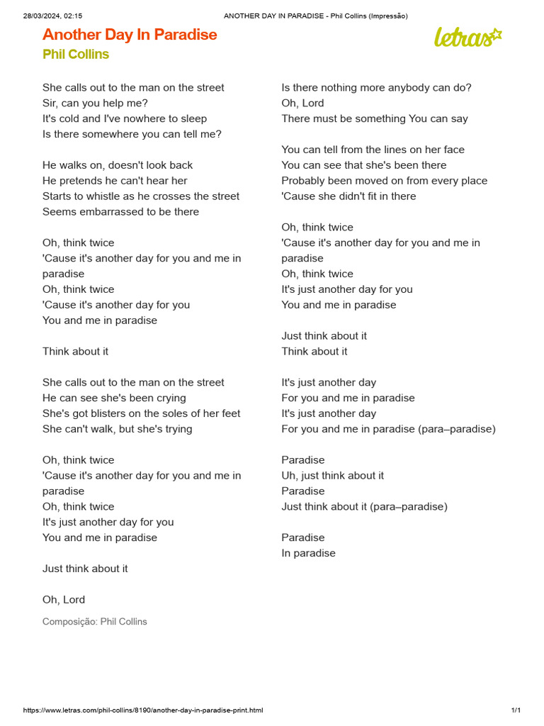 Phil Collins' "Another Day in Paradise" Lyrics | PDF | Song Recordings ...