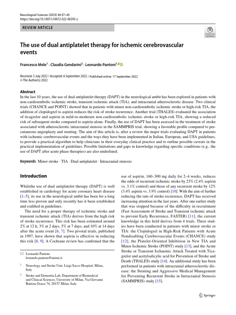 The Use of Dual Antiplatelet Therapy For Ischemic Cerebrovascular ...