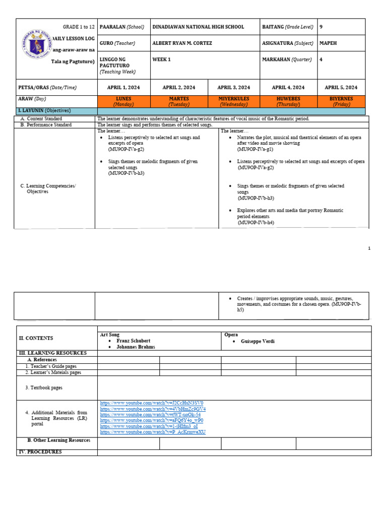Grade 9 MAPEH Daily Lesson Log | PDF | Opera | Giuseppe Verdi