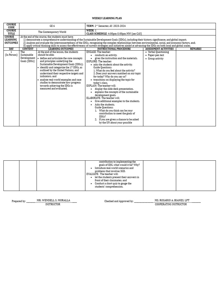 Weekly Learning Plan Pdf Sustainability Teachers