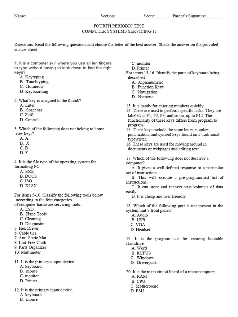 Computer Systems Servicing Test 11 | PDF | Computer Data Storage | Usb ...
