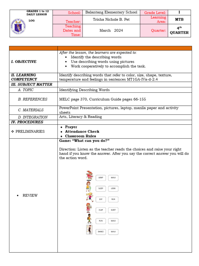 MTB Lesson Plan 3-22-24 | PDF | Education Theory | Teaching