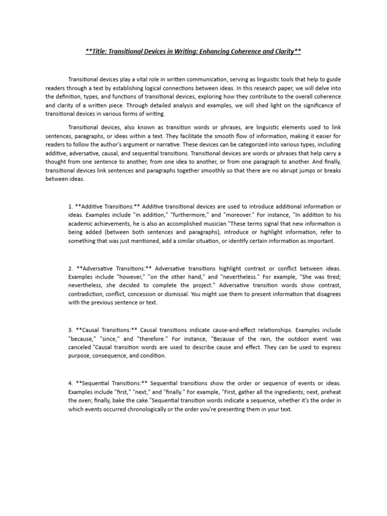 Transitional Devices in Writing Enhancing Coherence and Clarity | PDF ...