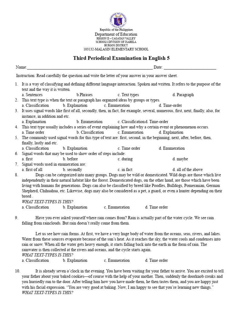 Third Periodical Examination in English 5 PDF Hunting Vocabulary