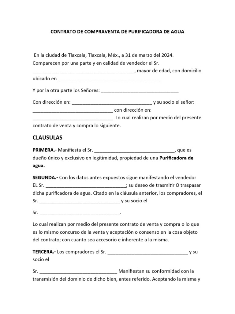 CONTRATO DE COMPRAVENTA DE PURIFICADORA DE AGUA | PDF | Derecho y ...