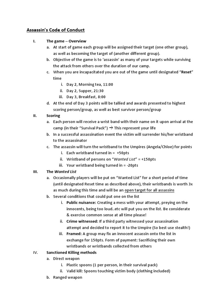 Assassin Game Rules Booklet Version PDF Assassination Violence