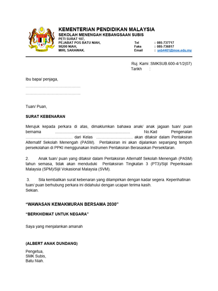 Surat Kebenaran PASM SMK SUBIS 2022 | PDF