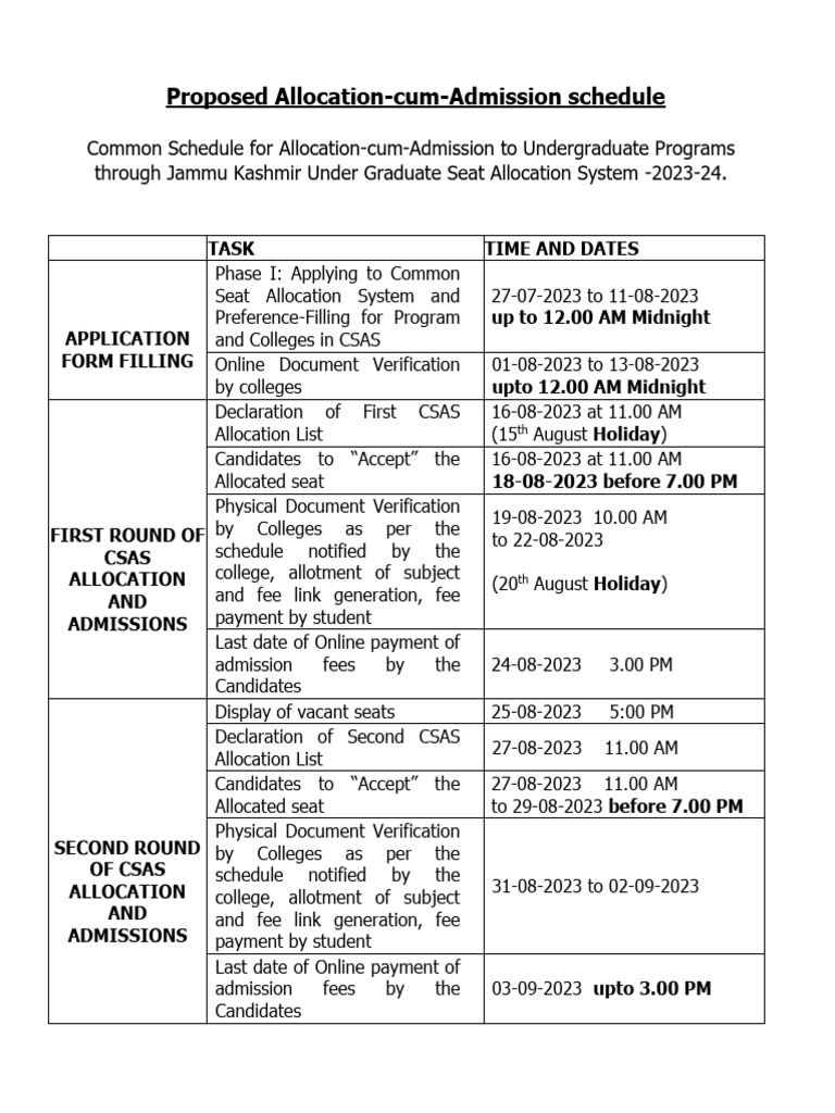 Jammu Kashmir UG Admission Schedule 2023 | PDF