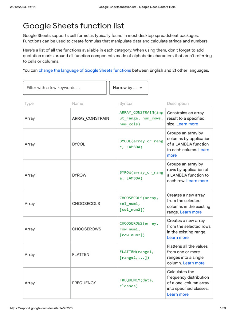 Google Sheets Functions Overview | PDF | Matrix (Mathematics) | Algebra