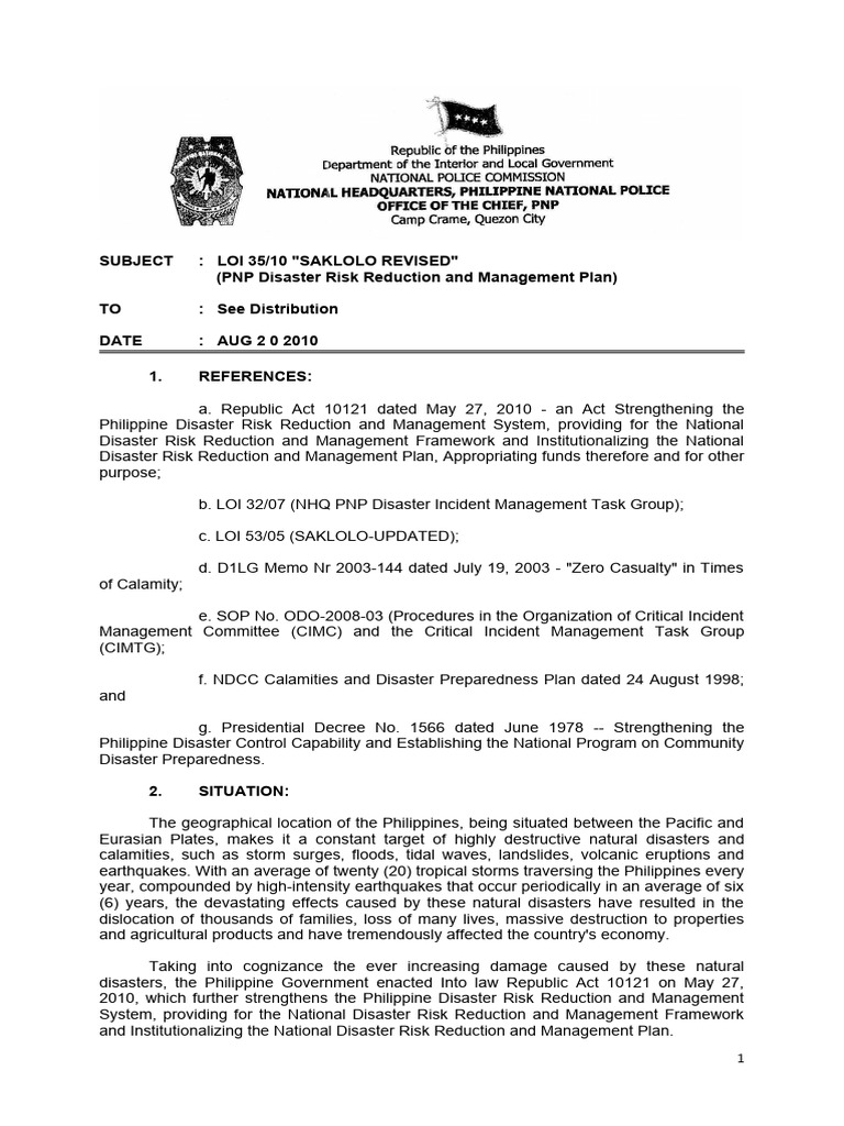 PNP Disaster Risk Management Plan | PDF | Natural Disasters | Search ...