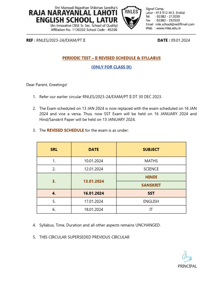 Revised Class 9 Exam Schedule 2024 | PDF