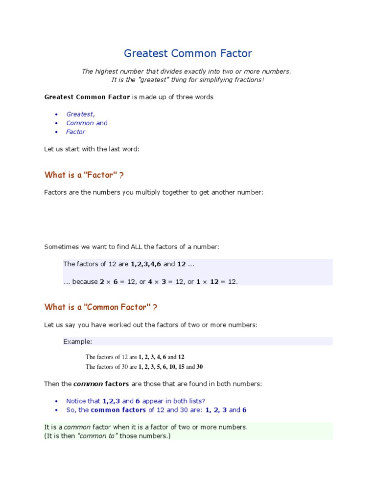 Greatest Common Factor PDF Elementary Mathematics Functions And