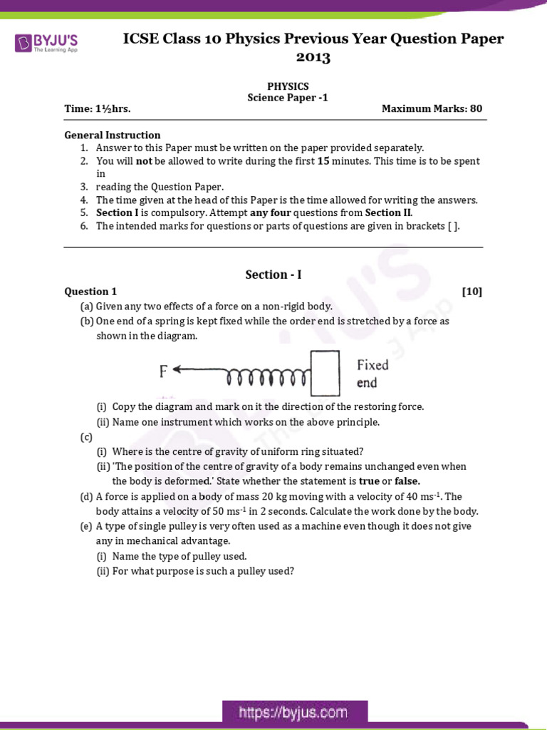 ICSE Class 10 Physics Question Paper 2013 | PDF | Force | Refractive Index