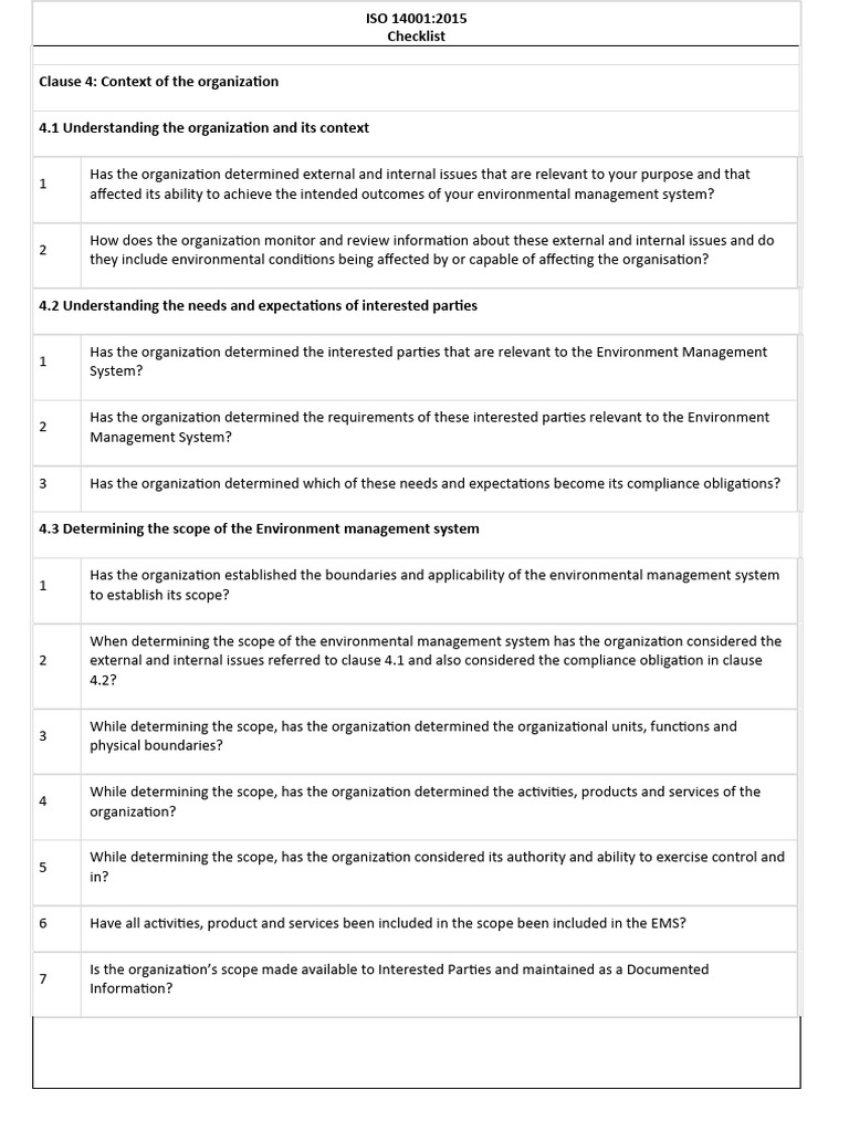 ISO 140012015 checklist | PDF | Audit | Environmental Resource Management