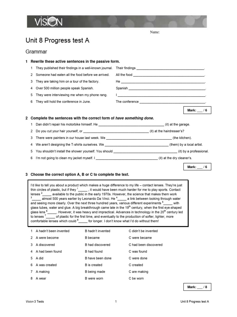 Vision 3 Unit 8 Progress Test A | PDF | New York City