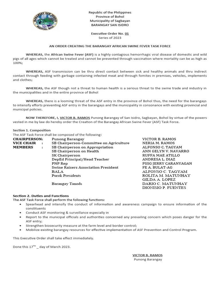 Brgy Eo On Brgy Asf Task Force | PDF | Pig | Animal Diseases