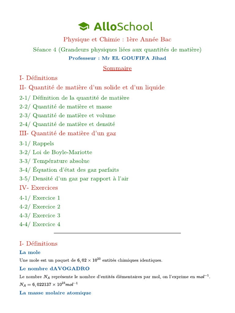 Seance 4 Grandeurs Physiques Liees Aux Quantites de Matiere | PDF