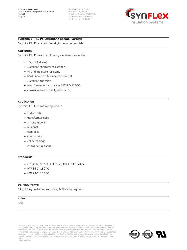 Synthite Er 41 Polyurethane Enamel Varnish Datasheet PDF Toxicity