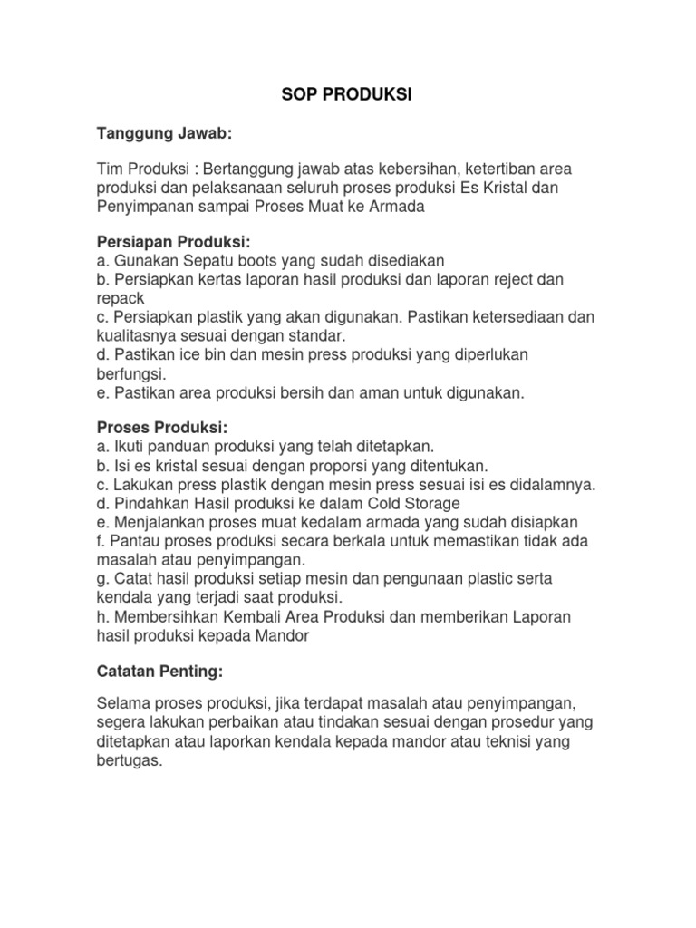 SOP Produksi Es Kristal Pabrik | PDF