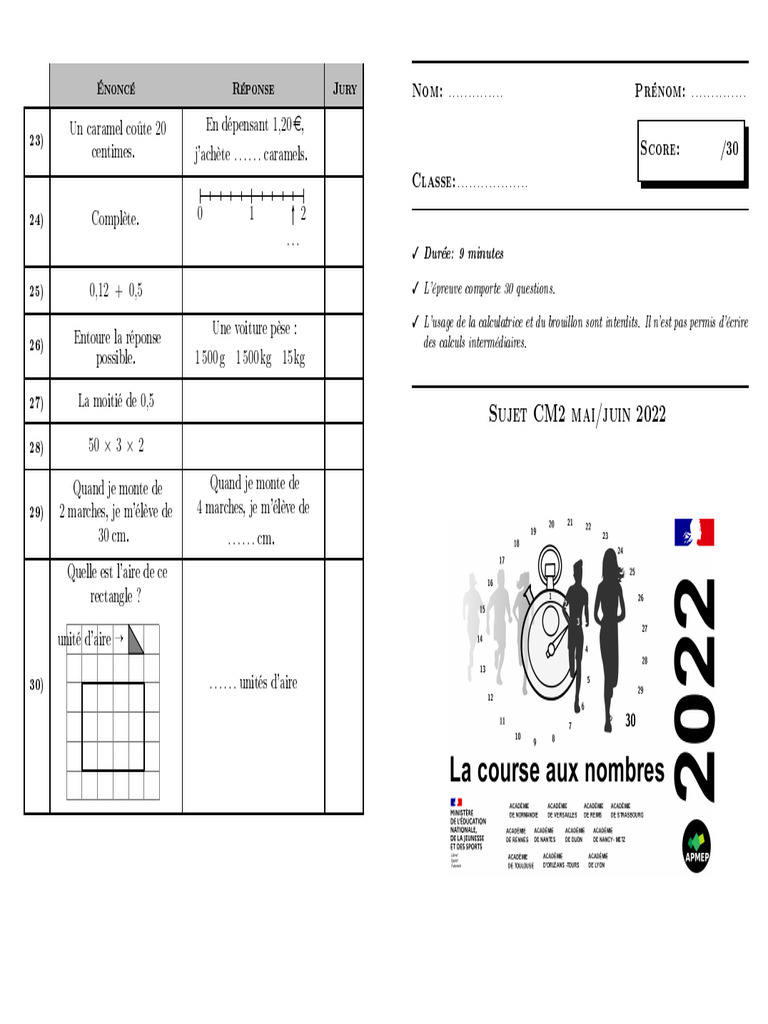 Examen CM2 Mathématiques 2022 | PDF