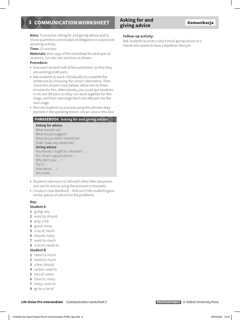 Lv pre int worksheet u3 key pdf