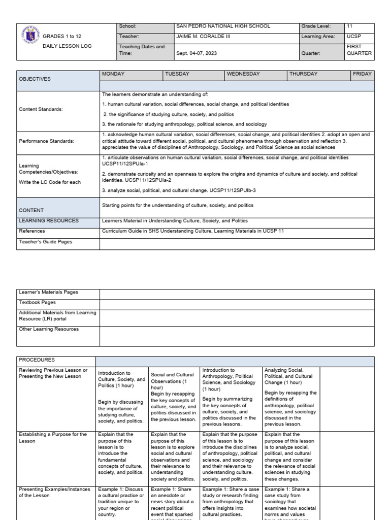 Daily Lesson Log for UCSP Grade 11 | PDF | Anthropology | Sociology