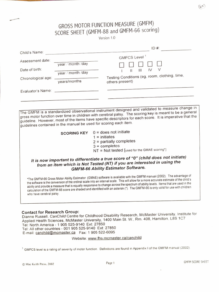 GMFM Score Sheet for Children | PDF | Musculoskeletal System
