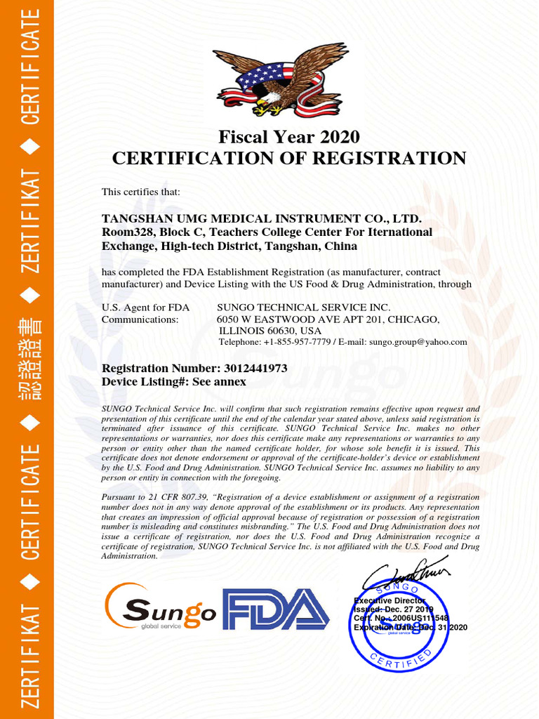 唐山佑美 FDA证书2020 | PDF | Food And Drug Administration | Dentistry