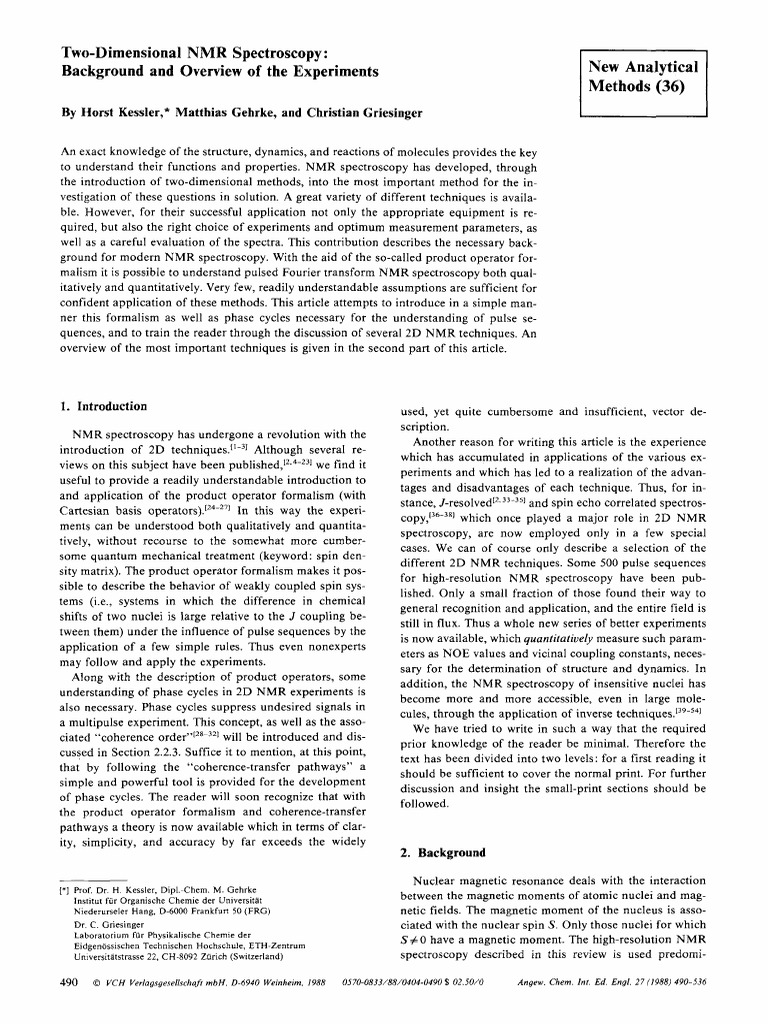 Kessler 1988 | PDF | Nuclear Magnetic Resonance | Two Dimensional ...