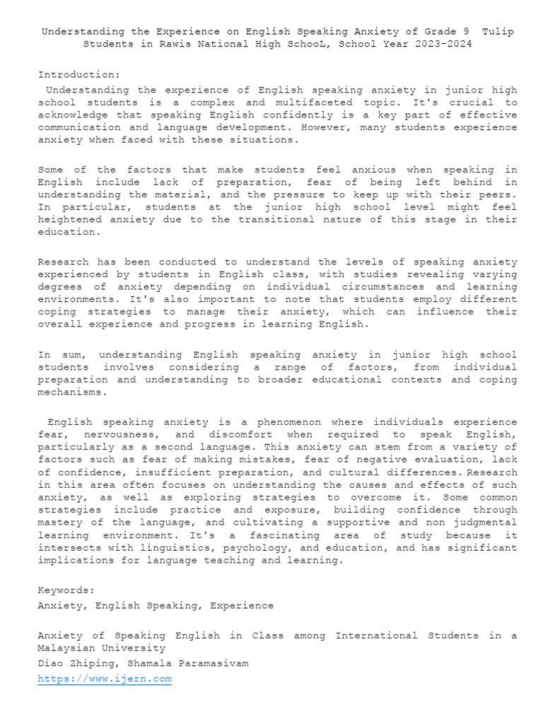 English Speaking Anxiety in Grade 9 Students | PDF | Anxiety | Fear
