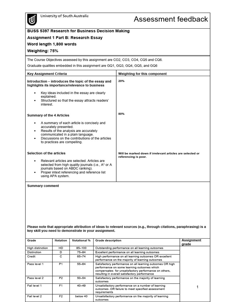 BUSS 5397 Assessment 1 Part B Marking Criteria | PDF | Essays | Cognition