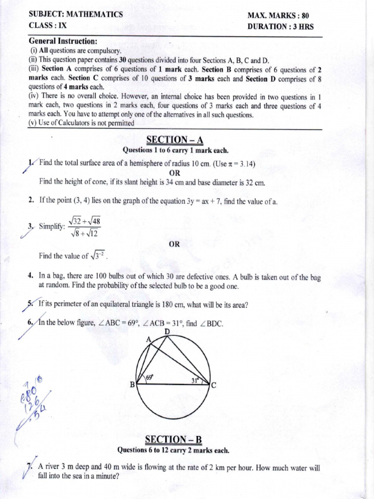 Class 9 Math Sample Paper 2 | PDF