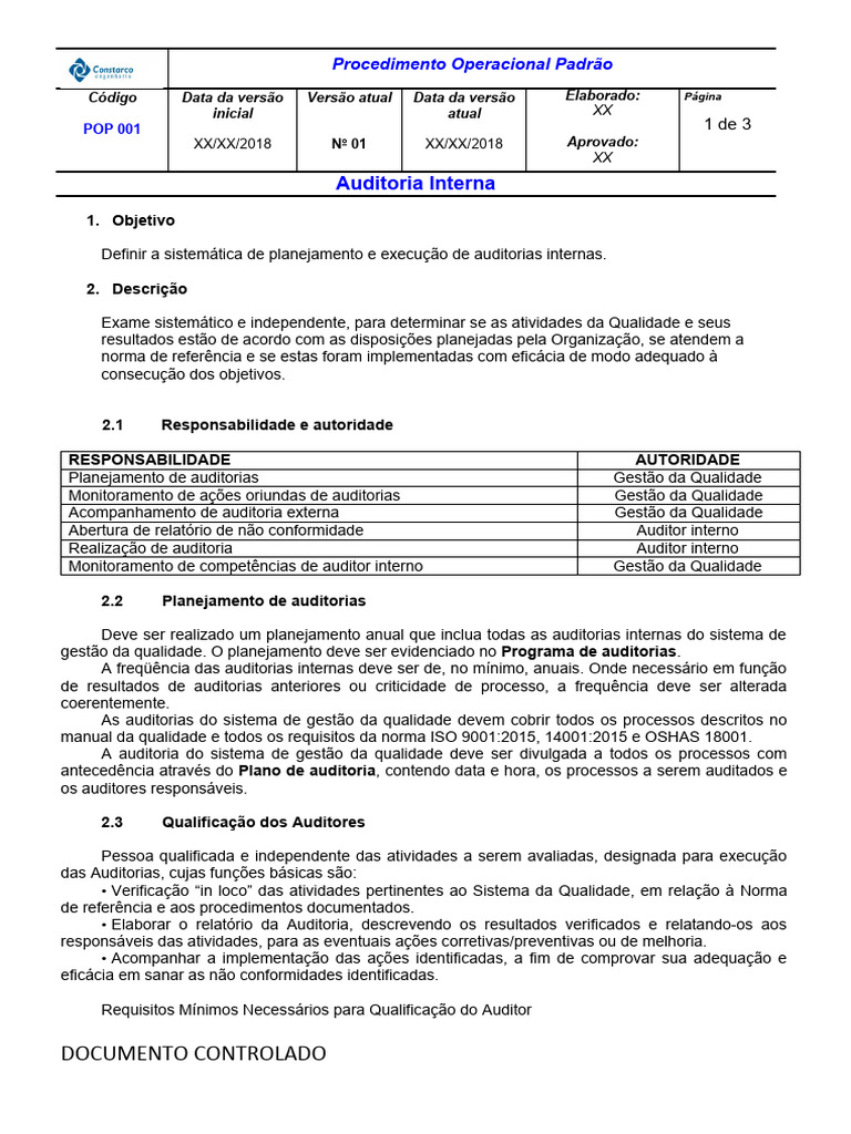 Procedimento de Auditoria Interna ISO 9001 | PDF | Auditoria interna ...