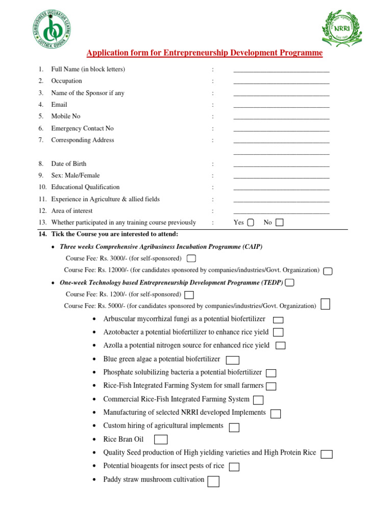Entrepreneurship Development Programme Application | PDF | Rice ...
