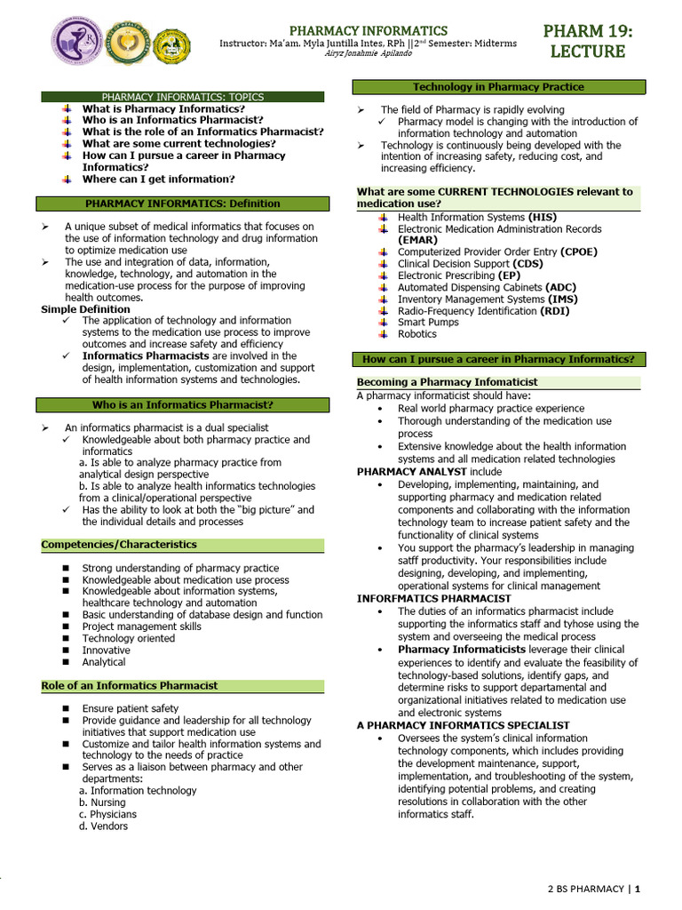 Pharmacy Informatics Overview | PDF | Pharmacy | Health Informatics