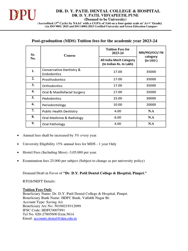 Fee Structure For Mds 2023 24 PDF Dentistry Medicine