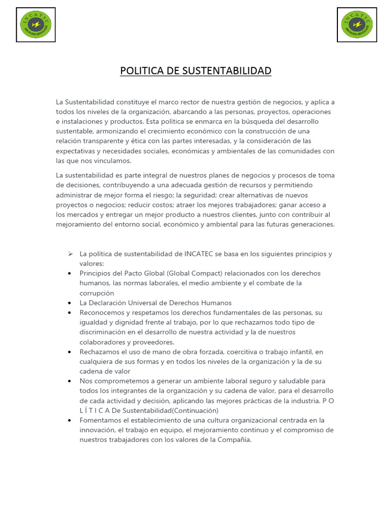 Política de Sustentabilidad INCATEC | PDF | Sustentabilidad | Entorno ...