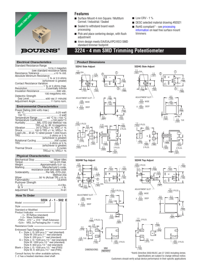 3224 Series SMD Trimming Potentiometers | PDF | Electrical Engineering ...