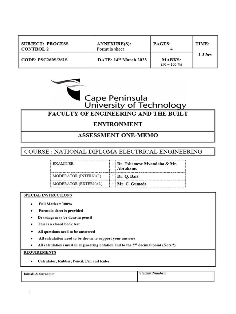2023 Test 1 - Process Control | PDF | Mechanics | Mathematics