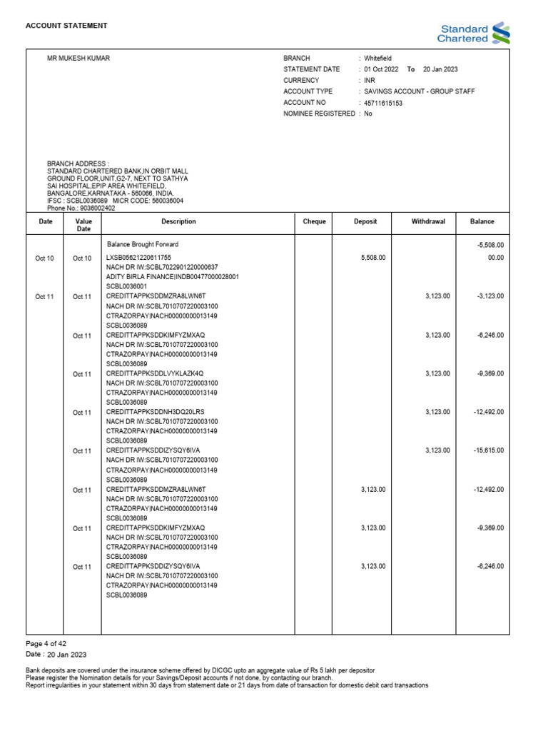 Standard Chartered Savings Account Statement Pdf Cheque Deposit
