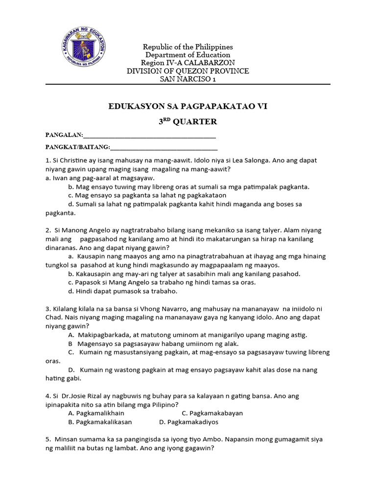 3rd Quarter ESP Exam | PDF