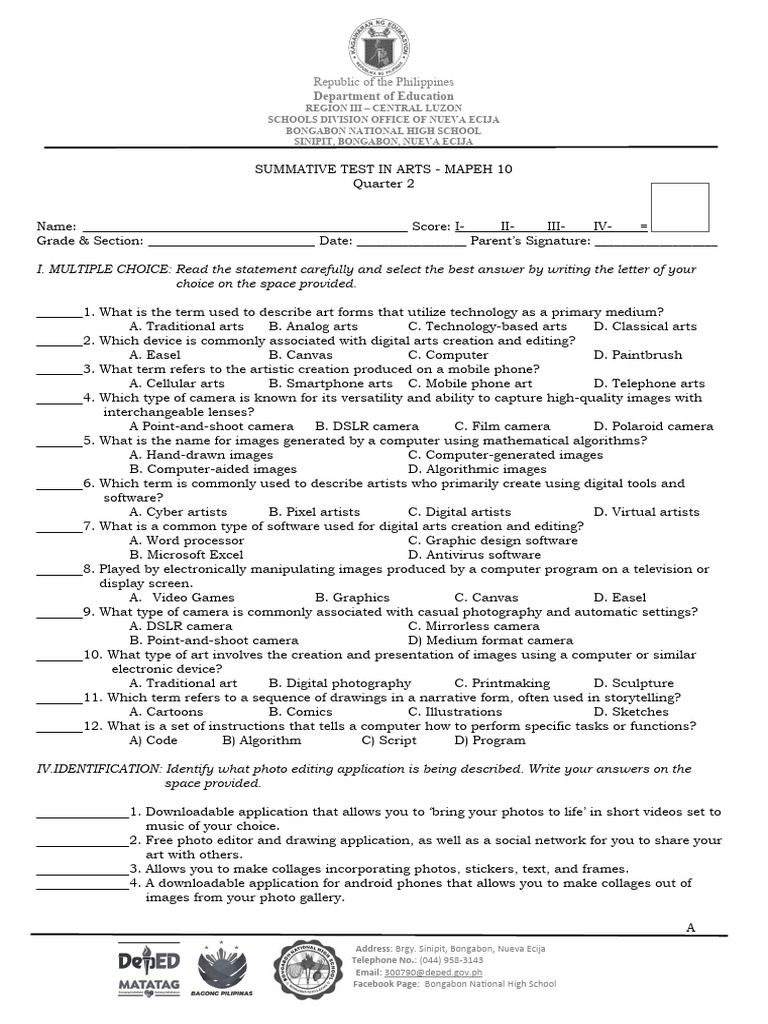 Q2 Arts Summative Test Special Class A Pdf Camera Digital Photography