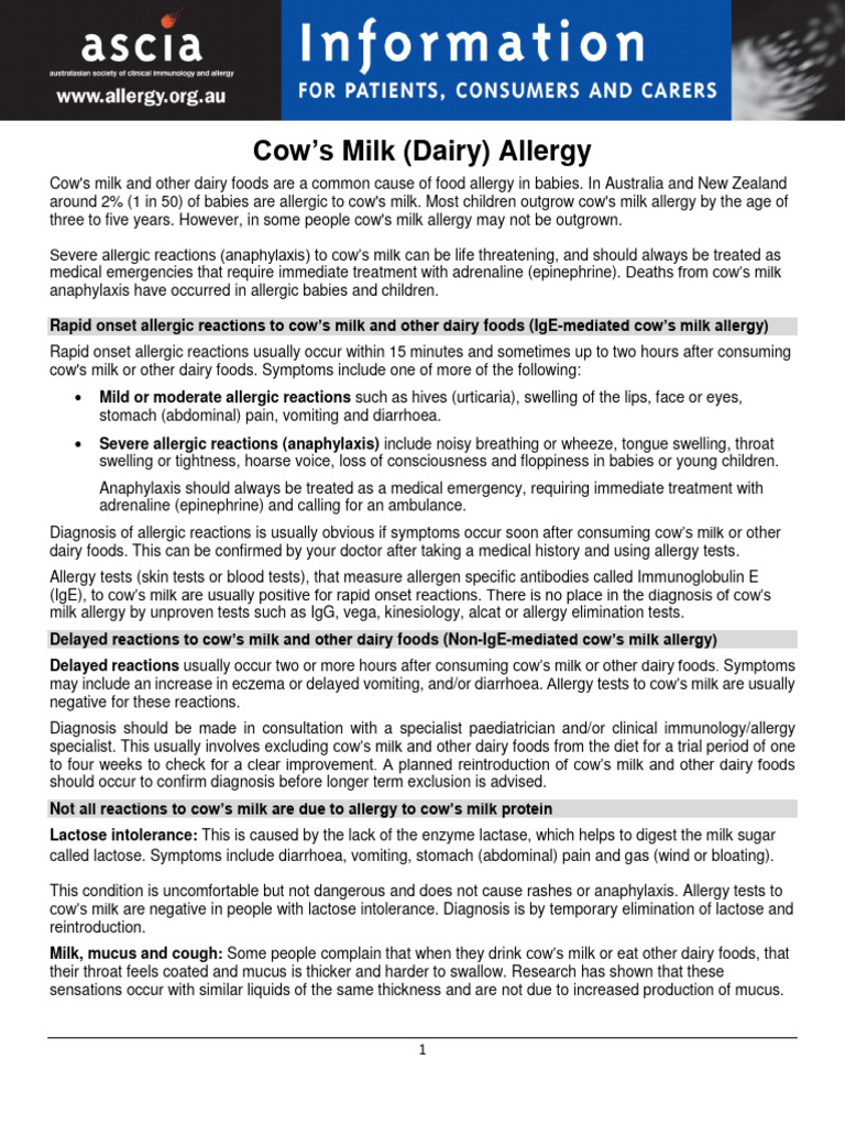 ASCIACows milk dairy allergy 2019 PDF Allergy Food Intolerance