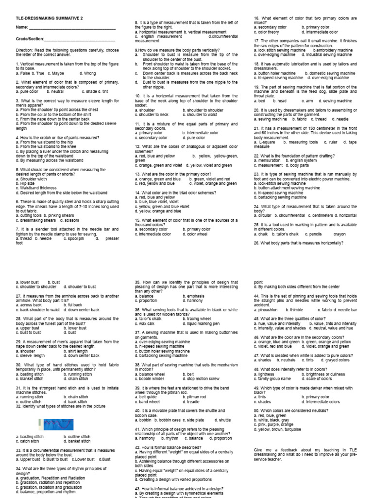 Summative 2 Testpaper Pdf Sewing Sewing Machine