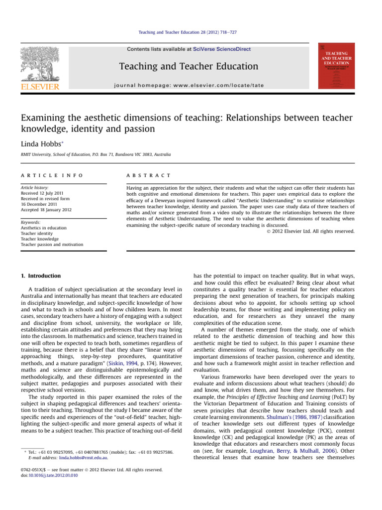 Aesthetic Dimensions in Teacher Identity | PDF | Experience | Teachers