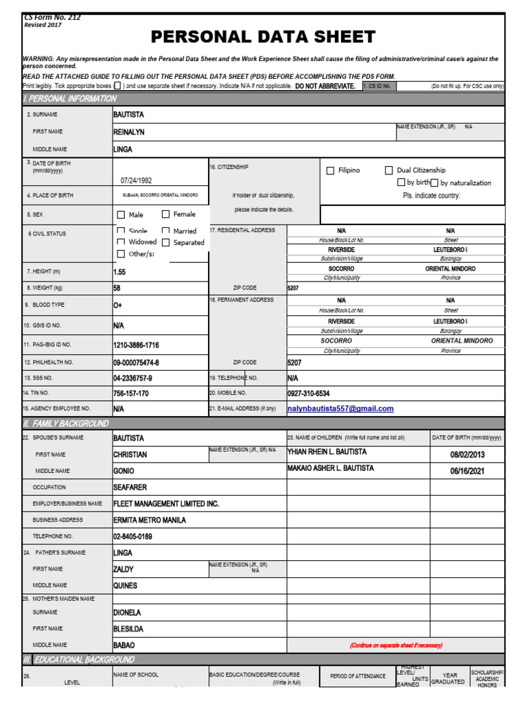 Personal Data Sheet CS Form No. 212 Revised 2017 1 | PDF
